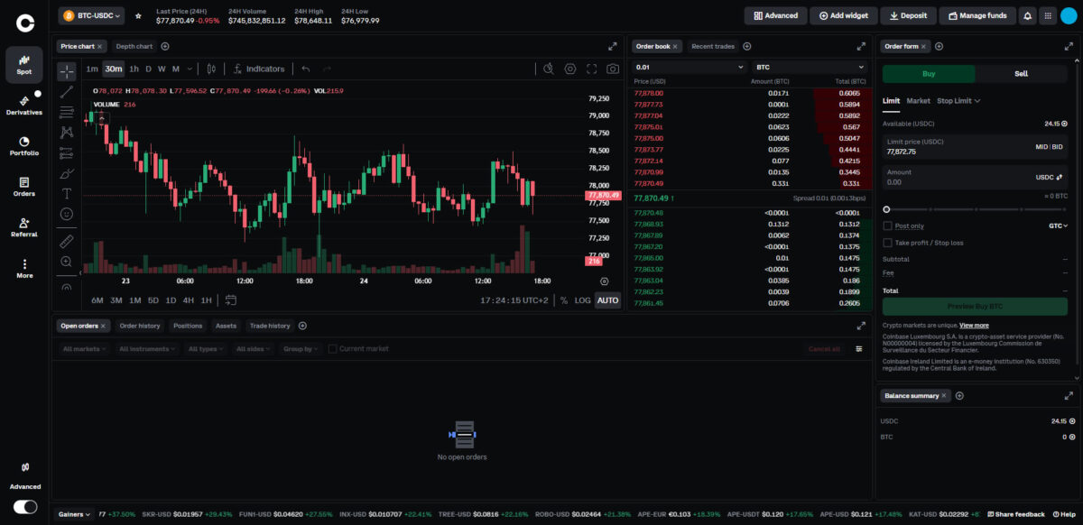 Coinbase Spot trading user interface